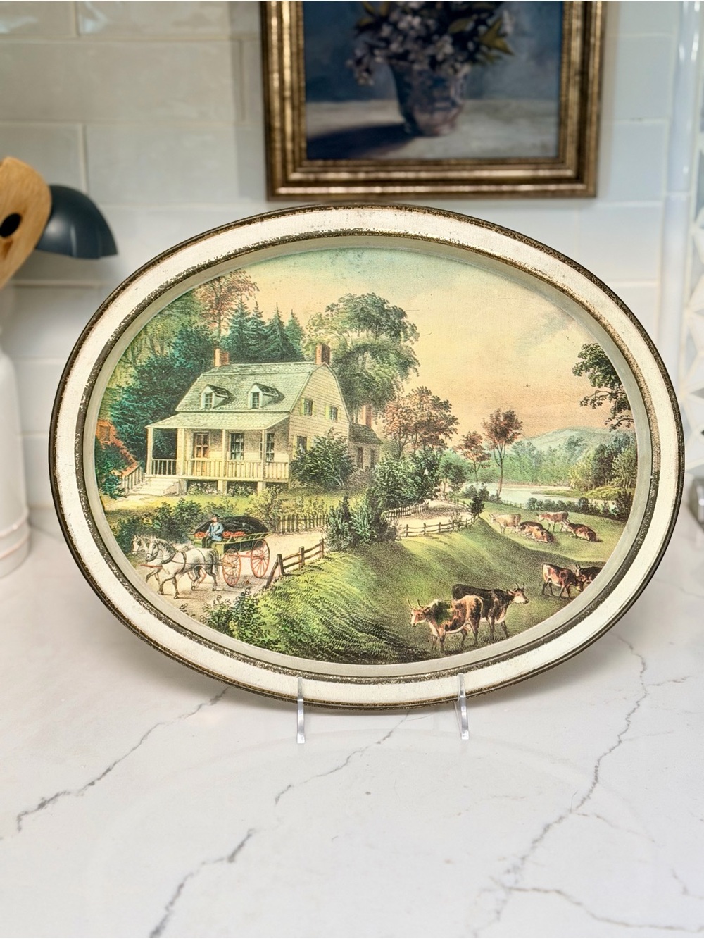 Vintage Oval Country Farm Scene Decorative Tray - Pastel Greens & Creams